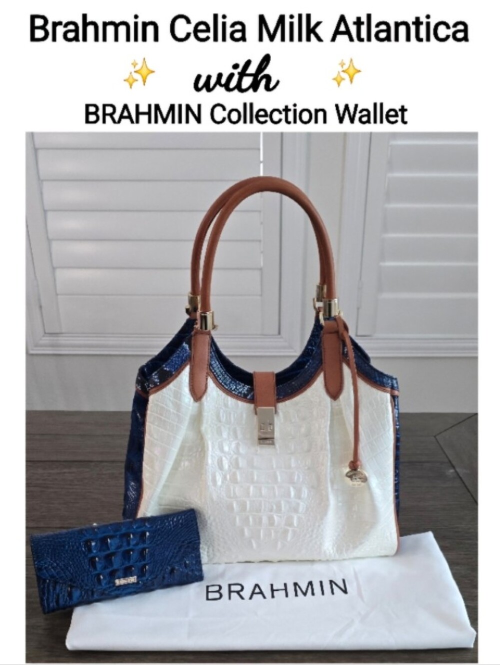 Brahmin Milk, Atlantica Blue & Tan Croc-Embossed Leather Satchel with Wallet